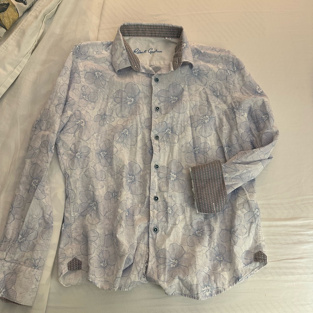 Robert Graham Blakely Linen Blend Floral Flip Cuff Button-up (M2)